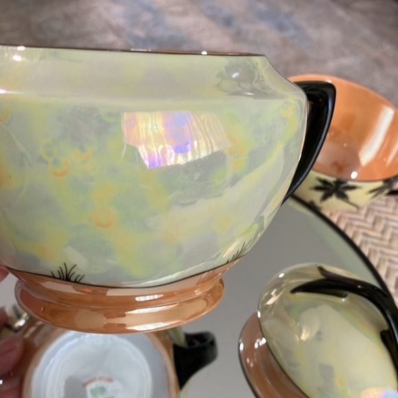 ART DECO VINTAGE SUGAR BOWL & LID IMIETO CHINA PEACH YELLOW LUSTERWARE - Picture 11 of 15
